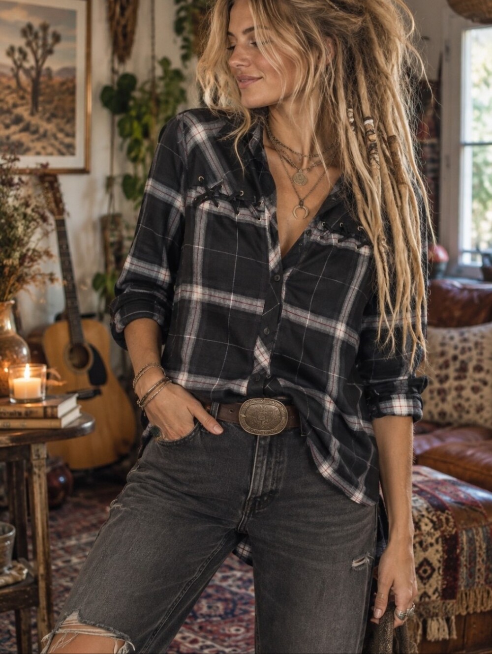 4/$15 Daytrip L Black Plaid Lace Up Shirt | 90s Grunge Boho Western Festival